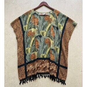 BOP Vintage Beaded Tropical Jungle Leopard Cat Fringe Cover Up Dress Size 3X